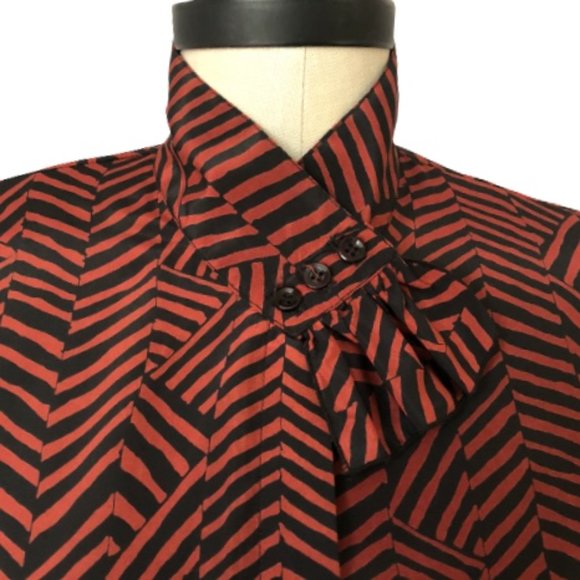 Vtg Geometric Puff Sleeve Ruffle Tab Patterned Top - Picture 3 of 15